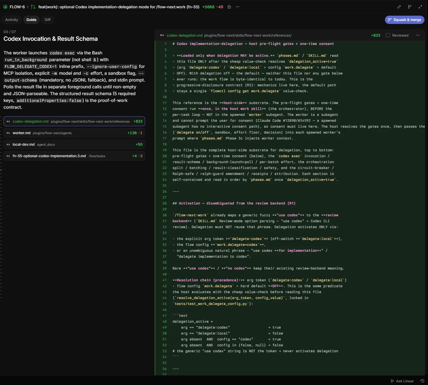 A Flow-Next PR rendered as a Linear Diff inside its issue — the codex-delegation diff shown on the right, the issue context and review controls on the left.
