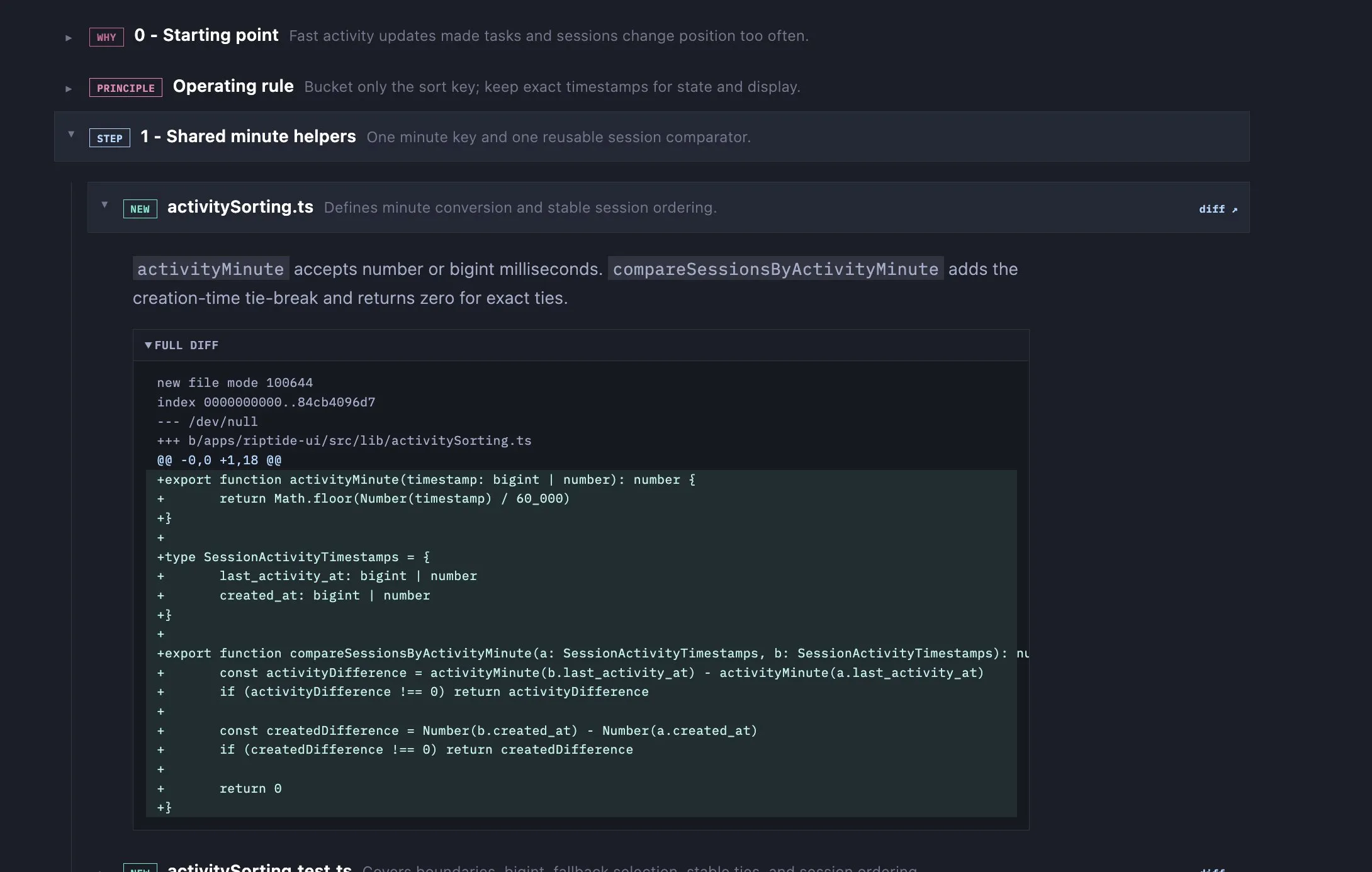 Reference walkthrough with one logical step expanded into file summaries and a bounded inline diff.